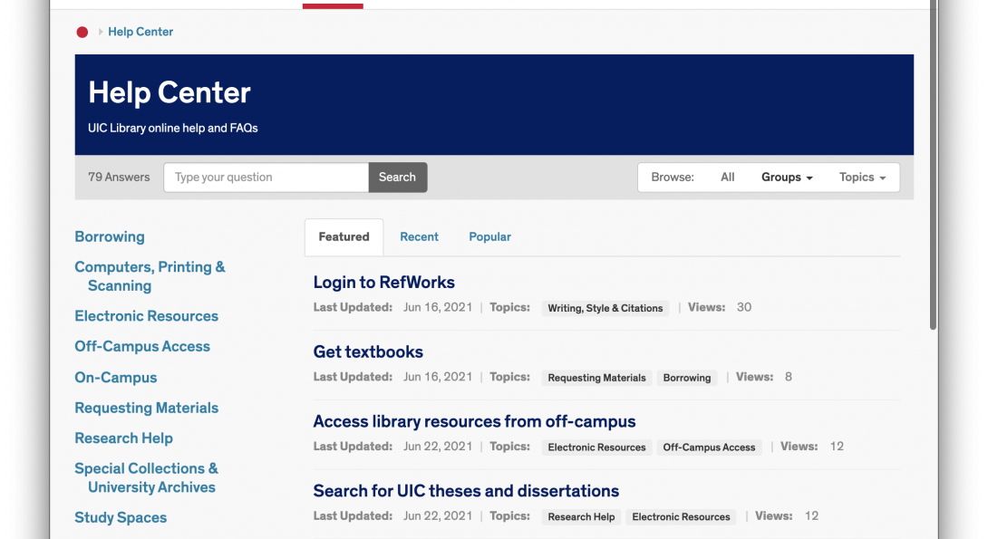 Help Center page of Library website at ask.library.uic.edu/
