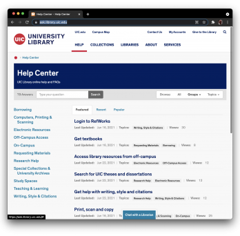 Help Center page of Library website at ask.library.uic.edu/
                  