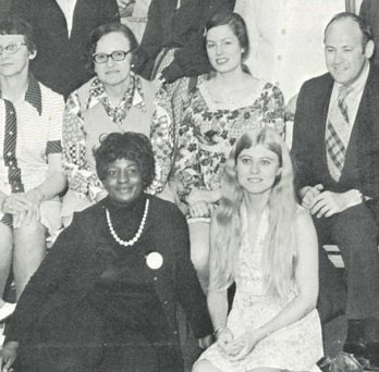 Photo from a Library of the Health Sciences newsletter, 1974. Beverly Allen (first row, center) with colleagues.
                  
