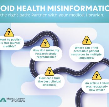 Winding road with text encouraging people to consult with medical librarians to avoid health misinformation.
                  