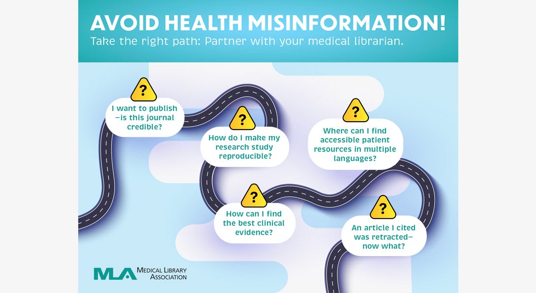 Winding road with text encouraging people to consult with medical librarians to avoid health misinformation.