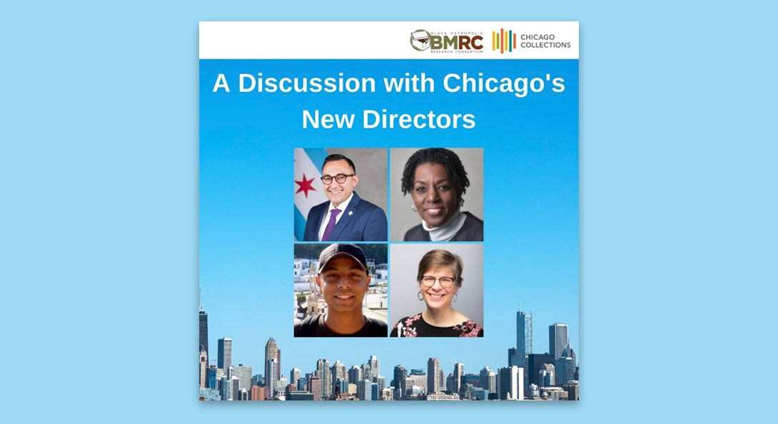 Portraits of the four 'New Directors' on a sky blue background with the Chicago skyline at the bottom.