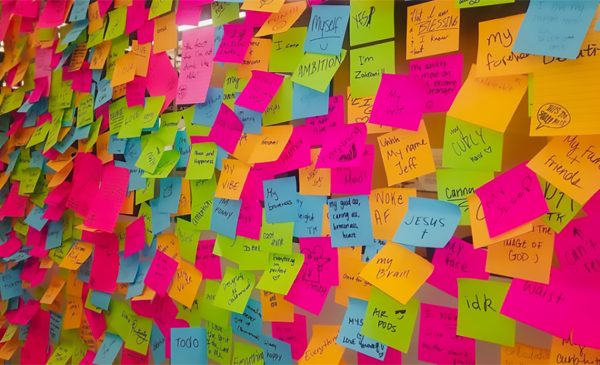 Lots of colored sticky notes on the wall.