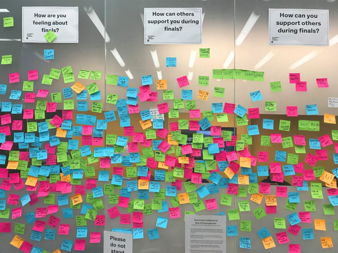 A few hundred sticky notes, of different colors, on a glass wall, categorized by questions.