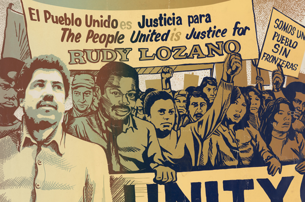 Graphical poster showing Rudy Lozano and an activist group marching.