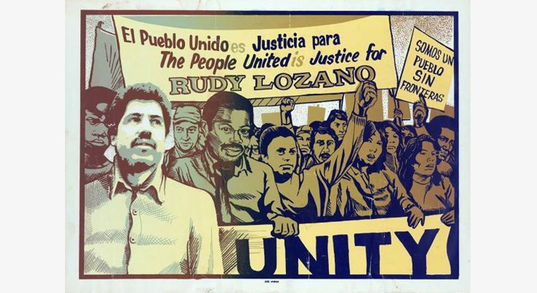 Ink Works print in blue, cream and grey of Lozano and workers marching behind a banner that says 