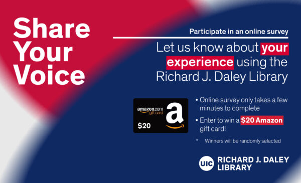 Blue and red circles with feathered edges in the background of text about survey. There is also a black, white and gold image of an Amazon gift card. The Richard J. Daley Library logo is in the lower right corner.