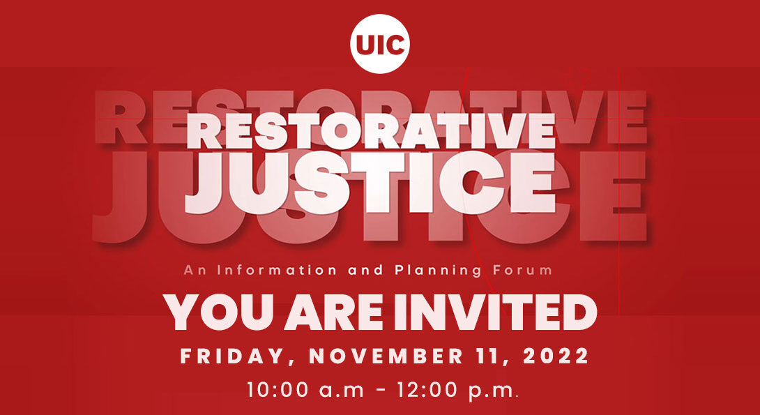 Red background with white text: Restorative Justice - An Information and Planning Forum, You Are Invited, Friday, November 11, 2022, 10 a.m. - 12 p.m.