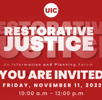 Red background with white text: Restorative Justice - An Information and Planning Forum,You Are Invited, Friday, November 11, 2022, 10 a.m. to 12 p.m. 