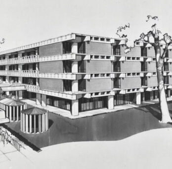 Architectural drawing of the facade of the Richard J. Daley Library. 