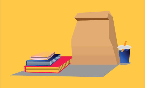 Illustration of a brown bag lunch with books