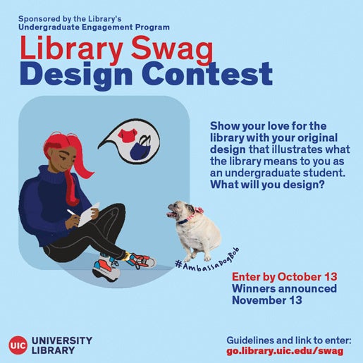 Illustration of a Black student with long red hair, seated, thinking of what they will design, with AmbassaDogBob, a pug, gazing up at the student. There is text with basic info. about the contest that is also included in the webpage copy.