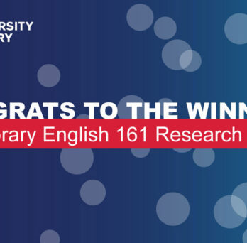 Blue background with bubbles, UIC Library logo and text: Congrats to the Winners! UIC Library English 161 Research Awards
                  