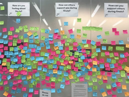 Many colorful sticky notes affixed to a glass wall. Signs above the notes say: