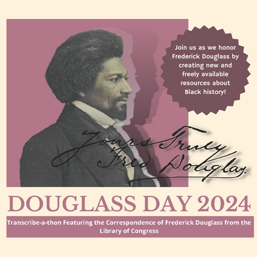 Greyscale image of profile of Frederick Douglass  with an overlay of his signature in cursive on a purple and cream background with details about the event.