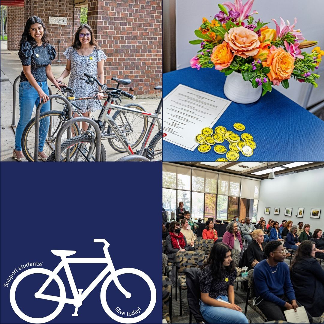 Top, left: 2023 Alejandro Castro Memorial Fund recipients Alexandra Cedillo and Sydnee Overton outside of the Richard J. Daley Library in front of a bicycle rack; Alejandro rode his bicycle to work every day. Top, right: Bouquet of colorful flowers on a table with program and yellow buttons in memory of Alejandro on a blue table from the 2023 award ceremony. Bottom, left: Navy blue square with a white silhouette of a bicycle with the words, 