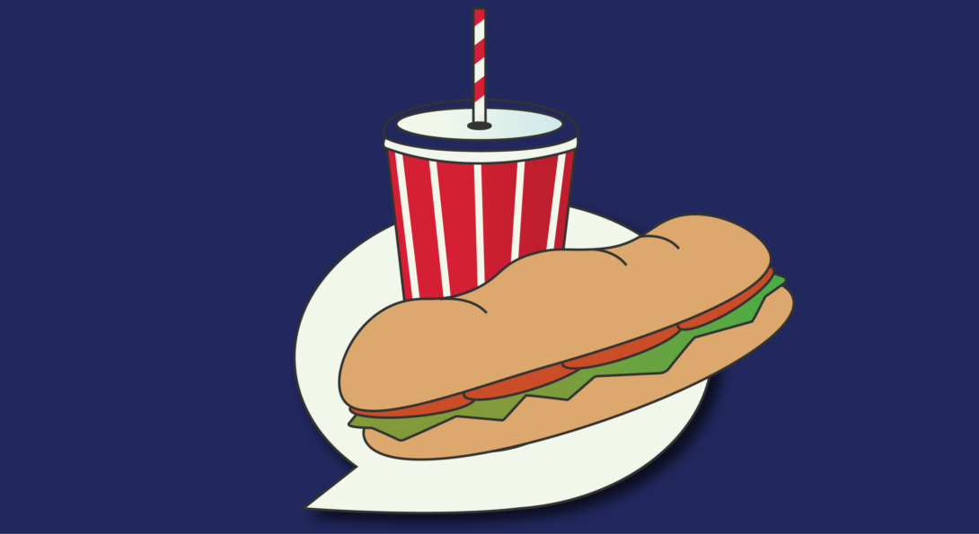 A blue background, with an illustration of drink and sandwich in a chat bubble.