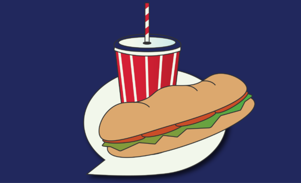 A blue background, with an illustration of a drink with a sandwich.