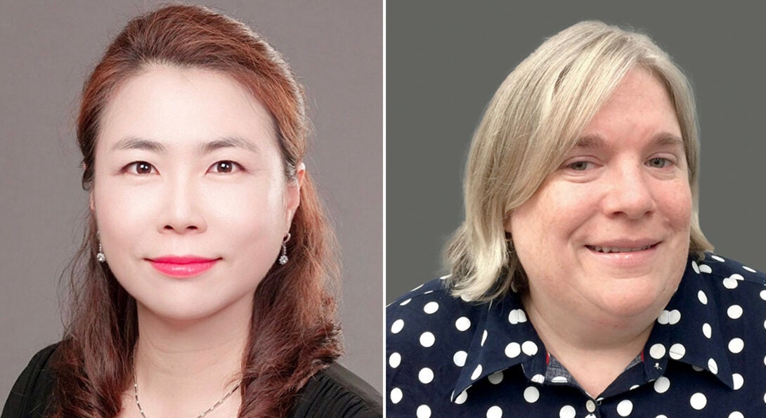 Portraits of Jung Mi Scoulas and Sandra De Groote on grey backgrounds. Jung Mi Scoulas, pictured left, is wearing a black jacket, earrings and a necklace. Sandra De Groote, pictured right, is wearing a navy and white polka dotted shirt.