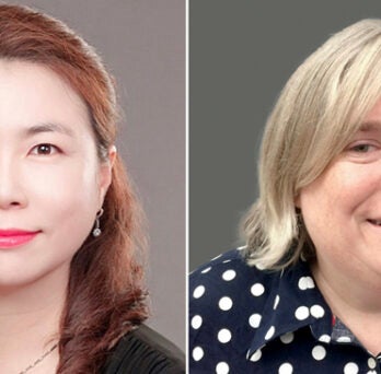 Portraits of Jung Mi Scoulas and Sandra De Groote on grey backgrounds. Jung Mi Scoulas, pictured left, is wearing a black jacket, earrings and a necklace. Sandra De Groote, pictured right, is wearing a navy and white polka dotted shirt. 