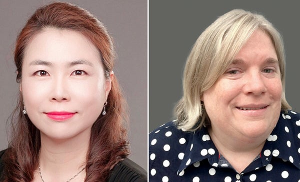 Portraits of Jung Mi Scoulas and Sandra De Groote on grey backgrounds. Jung Mi Scoulas, pictured left, is wearing a black jacket, earrings and a necklace. Sandra De Groote, pictured right, is wearing a navy and white polka dotted shirt.