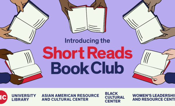 Five pairs of hands holding open red and blue books. Introducing the Short Reads Book Club