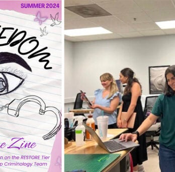 Left: The cover of the 35-page “Restore” zine created by UIC students in summer 2024 through a workshop for women at the Cook County Department of Corrections. Right: Doctoral candidate (criminology, law and justice) and workshop facilitator Jenna Pasanen (left) looks at a print copy with intern Lauren Hanna, while intern Misbah Ali discusses the design with Digital Scholarship Hub student employee Folake Oluewu (computer science). 