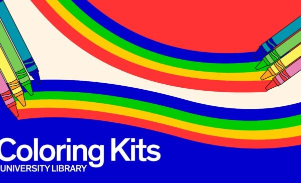 A multicolor background with crayons red, blue, green and yellow.  Coloring Kits University Library